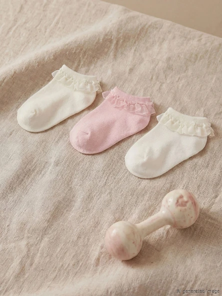 LCW baby Beyaz Tüllü Fırfırlı Kız Bebek Patik Çorap 3'lü ürün görseli 1