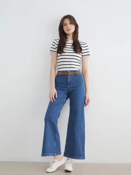 LCW Jeans İndigo Beli Kemerli Wideleg Kadın Jean Pantolon ürün görseli 1