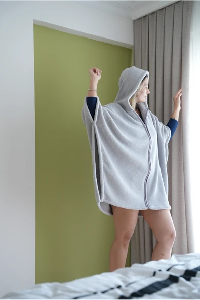 H&İ HOME TEXTILE Kadın Kapüşonlu Panço – Wellsoft Fermuarlı Oversize Yarasa Kol ürün görseli 1