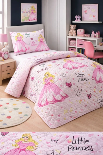 Kız Çocuk Genç Pike Yatak Örtüsü Takımı Prenses Desen Kapitone Pamuklu 4 Mevsim Çarşafsız 160x230 ürün görseli 1