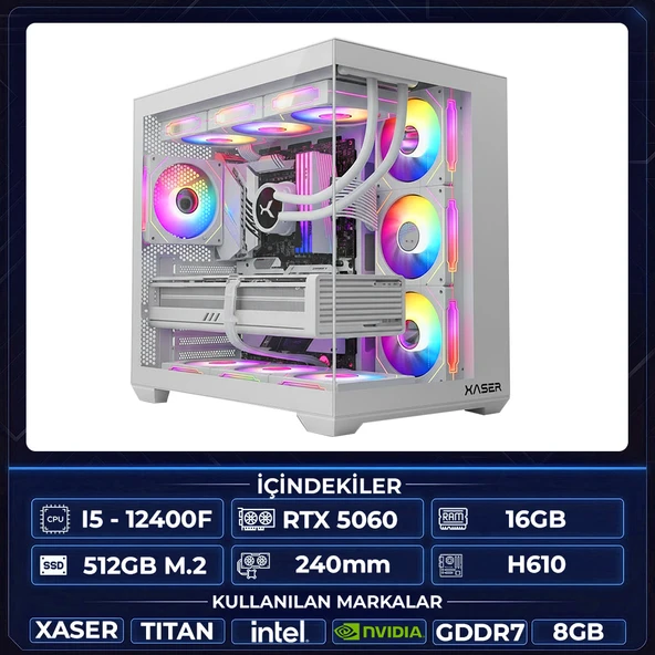 Xaser Titan X20 i5 12400F 16GB Ram 512GB M.2 NVMe SSD 8GB RTX5060 Sıvı Soğutmalı Oyuncu Hazır Tavsiye Sistem ürün görseli 1