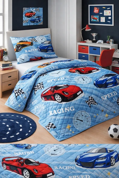 Erkek Çocuk Genç Pike Yatak Örtüsü Takımı Araba Desen Kapitone Pamuklu 4 Mevsim Çarşafsız 160x230 ürün görseli 1