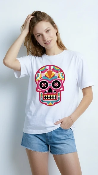 Kadın Beyaz Renkli Meksika Kurukafası (Calavera) Baskılı Bisiklet Yaka Oversize Tişört ürün görseli 1