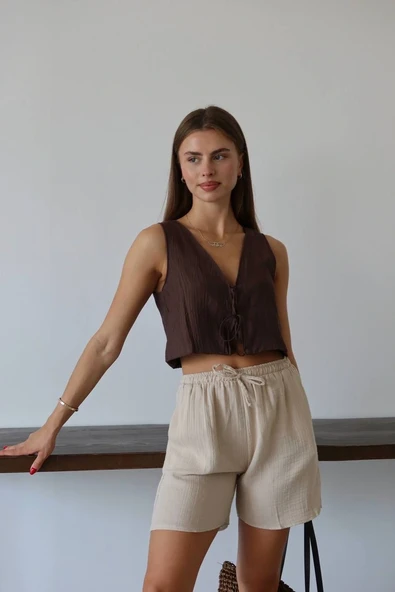 Müslin kumaş şort bağcıklı bej pt - Resim 4