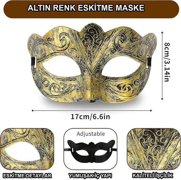 Altın Renk Eskitme Maskeli B Maskesi – Venedik Tarzı Parti Maskesi ürün görseli 1