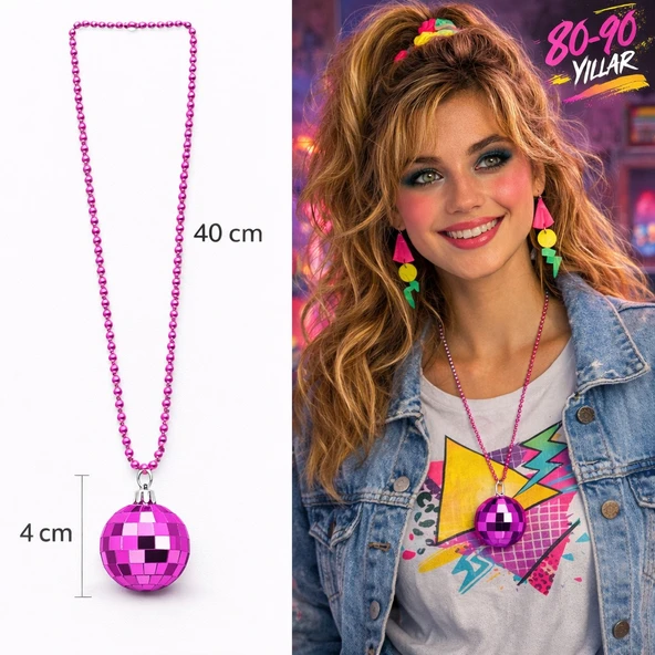 Retro Disko Topu Şekilli 80'ler 90'lar Fuşya Pembe Renk Plastik Kolye ürün görseli 1