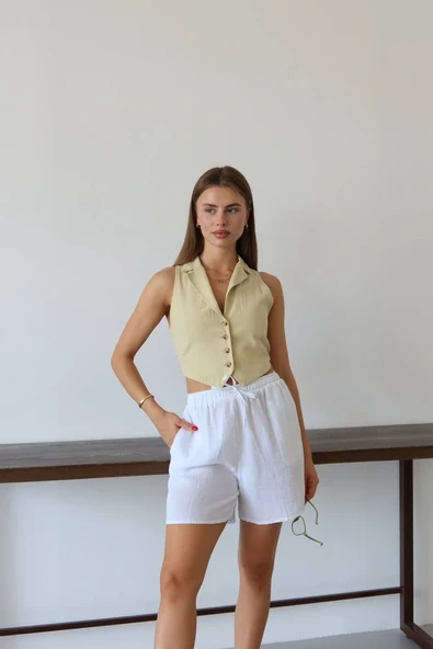 Müslin kumaş şort bağcıklı beyaz pt - Resim 6