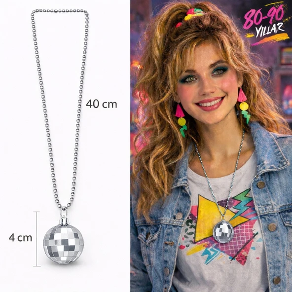 Retro Disko Topu Şekilli 80'ler 90'lar Gümüş Renk Plastik Kolye ürün görseli 1