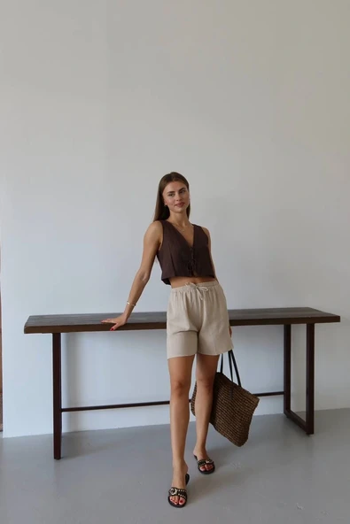 Müslin kumaş şort bağcıklı bej pt - Resim 3
