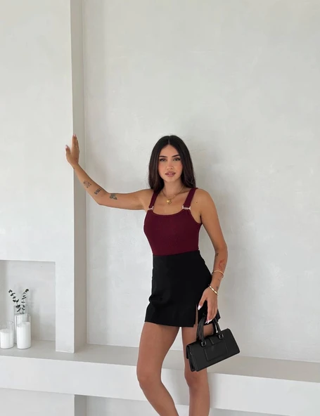 Ottoman toka askılı bluz bordo s4194 - Resim 2