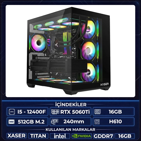 Xaser Thor X10 i5 12400F 16GB Ram 512GB M.2 NVMe SSD 16GB RTX5060Ti Sıvı Soğutmalı Oyuncu Hazır Tavsiye Sistem ürün görseli 1