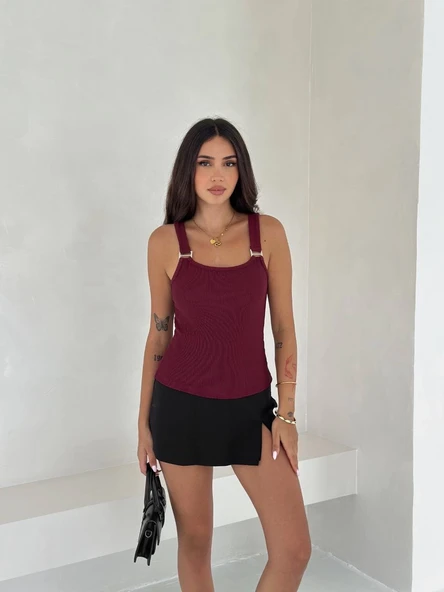 Ottoman toka askılı bluz bordo s4194 - Resim 3