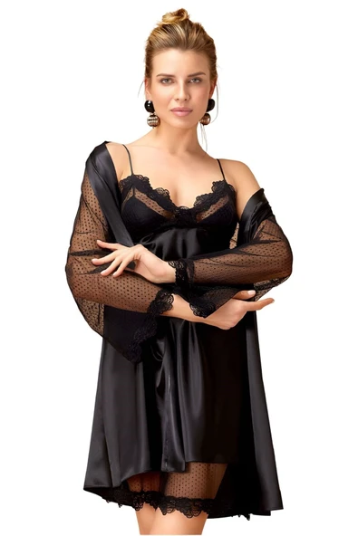 Dantel Detaylı Saten Gecelik ve Sabahlık Takımı Kimono Set ürün görseli 1
