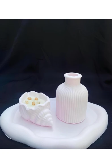 AKAS HOME Dekoratif 3'lü Set Beton Tepsi + Vazo + İstiridye Mumluk ürün görseli 1