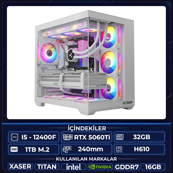 Xaser Thor X60 i5 12400F 32GB Ram 1TB M.2 NVMe SSD 16GB RTX5060Ti Sıvı Soğutmalı Oyuncu Hazır Tavsiye Sistem ürün görseli 1