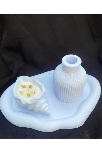AKAS HOME Dekoratif 3'lü Set Beton Tepsi + Vazo + İstiridye Mumluk ürün görseli 1