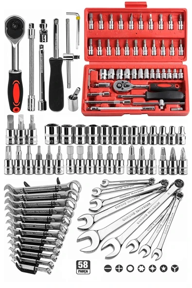 Zhltools 58 Parça Set 46 Parça Lokma Takımı otomatik Cırcır 1/4 12 Parça Kombine Açık Ağız Yıldız Anahtar Takımı ürün görseli 1