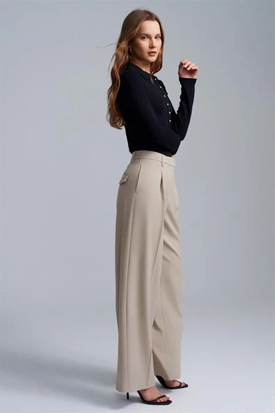 Yüksek Bel Geniş Paça Pantolon-Taş 72280-2Y6 ürün görseli 1