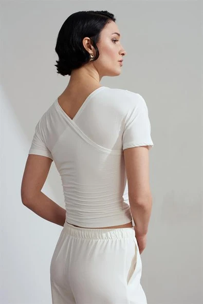 Drapeli Kısa Kollu Top-Ekru 32659-2Y6 - Resim 4