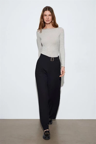 Kemerli Geniş Paça Pantolon-Siyah 72281-2Y6 ürün görseli 1