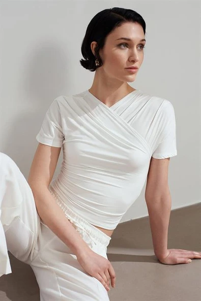 Drapeli Kısa Kollu Top-Ekru 32659-2Y6 - Resim 2