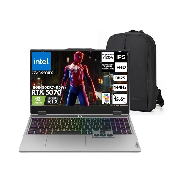 Loq Intel Core I7 13650HX 8gb Ddr5 2tb SSD RTX5070(8GB) 115W 15.6" Fhd IPS 300NITS 100% Srgb 144Hz Freedos Taşınabilir Bilgisayar 15IRX10700&CIMETE Çanta ürün görseli 1