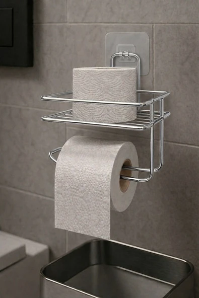 Yapışkanlı Tuvalet Kağıtlığı Delmesiz Vidalamasız Metal Banyo Kağıtlık Askısı Krom S-120 ürün görseli 1