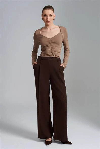 Yüksek Bel Geniş Paça Pantolon-Kahve 72280-2Y6 ürün görseli 1
