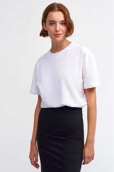%100 Pamuk Dekoratif Dikişli Bisiklet Yaka T-shirt-Beyaz 30312-2Y6 ürün görseli 1