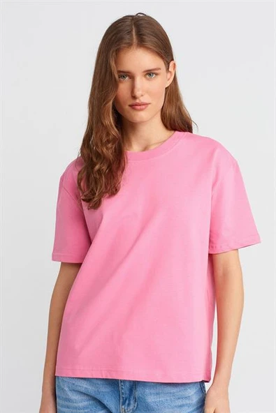 %100 Pamuk Dekoratif Dikişli Bisiklet Yaka T-shirt-Pembe 30312-2Y6 ürün görseli 1