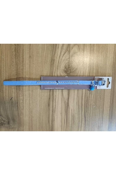 Kedi Boyun Tasma Şık Deri Taşlı Çıngıraklı Mavi 30Cm ürün görseli 1