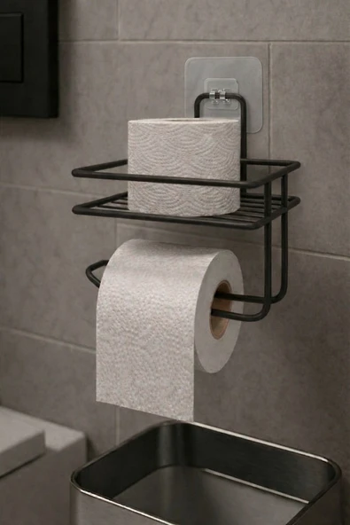 Yapışkanlı Tuvalet Kağıtlığı Delmesiz Vidalamasız Metal Banyo Kağıtlık Askısı Siyah S-120 ürün görseli 1