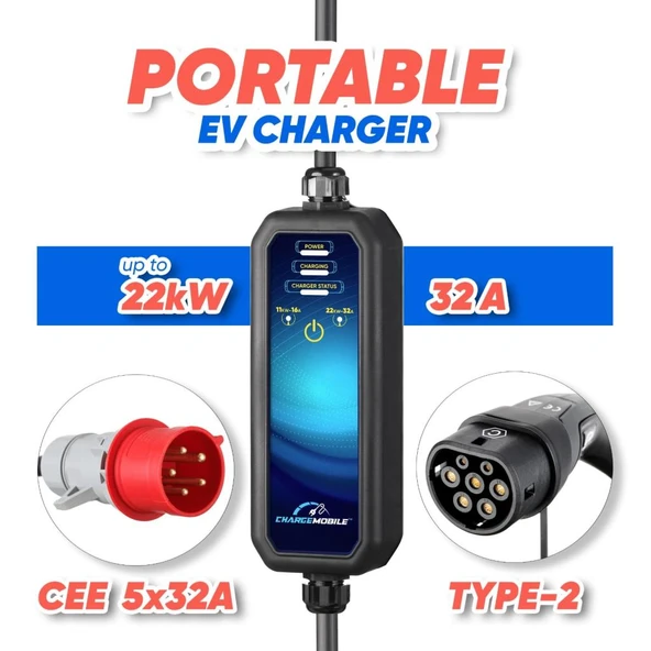 ChargeMobile 22 kW Taşınabilir Şarj Cihazı, (220V Dönüştürücü Hediyeli) Araç Şarj İstasyonu Seti ürün görseli 1