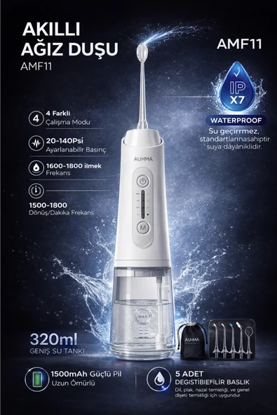 Auhma AMF11 Akıllı Şarjlı Ağız Duşu - 320ml Su Haznesi, 4 Modlu, Diş Temizleme Cihazı ürün görseli 1