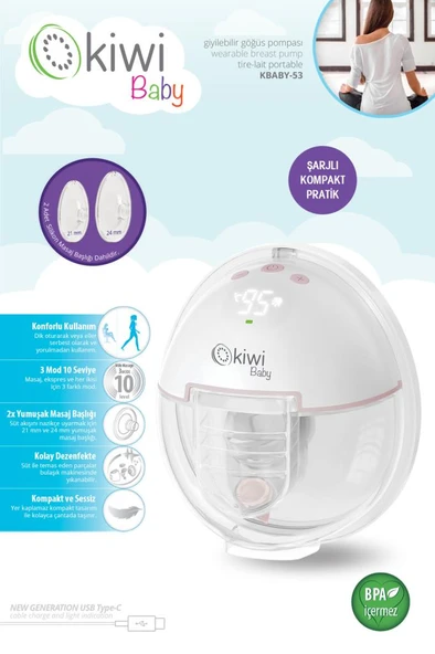 Kiwibaby KBABY-53 Giyilebilir Göğüs Pompası | 1200 mAh Şarjlı & 6 Mod & 180 ml Hazne ürün görseli 1