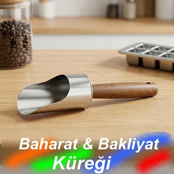 Ahşap Saplı çelik Şık Baharat Kaşığı Küreği Bakliyat Küreği Baharat Küreği ürün görseli 1