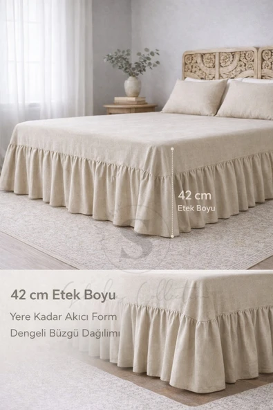 Buldan Keten 3 Taraf Büzgülü Yatak Bazası Eteği 2 Yastıklı Otel Şıklığında Dekor Set ürün görseli 1