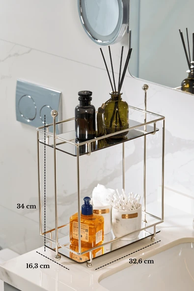 Parlak Silver 2 Katlı Dikdörtgen Banyo Organizer Tezgah Üstü Düzenleyici Pleksili ürün görseli 1