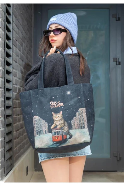 Dogo Kadın Vegan Siyah Large Tote Bag - Paws on Taksim Tasarım ürün görseli 1