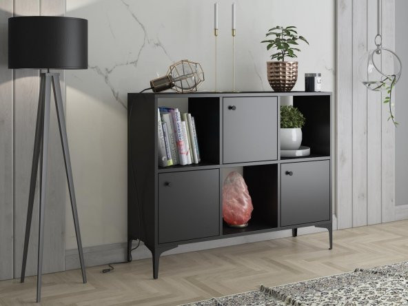 Woodn Love Orbit Premium 3 Kapaklı Metal Ayaklı Çok Amaçlı Dolap Konsol - Siyah / Siyah ürün görseli 1