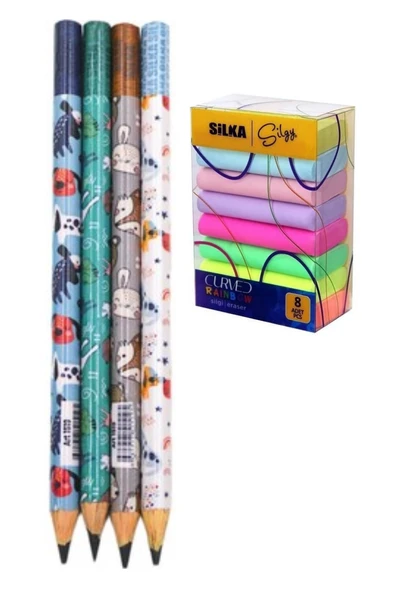 üçgen yapılı Jumbo kurşun kalem sevimli hayvan desenli (4 adet) +  8 li silgi ürün görseli 1