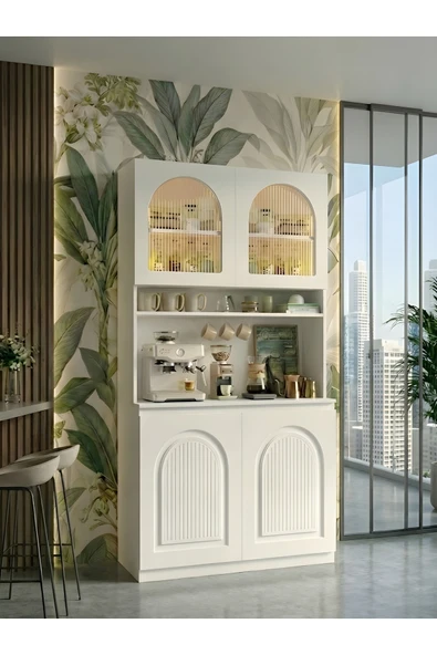 Free Home Premium MDF Ürün Bohem Kahve Köşesi-Nervürlü Camlı Lake Kapak Mutfak Barı Çok Amaçlı Dolap 100x205 ürün görseli 1