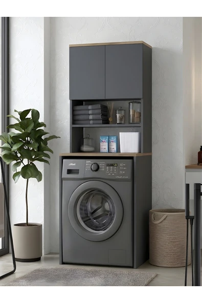 Free Home Premium MDF Mono Çamaşır Makinesi Üstü Dolap 2 Kapaklı Havluluk Ve Deterjanlık Raflı Düzenleyici ürün görseli 1