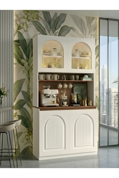 Free Home Premium MDF Ürün Bohem Kahve Köşesi-Nervürlü Camlı Lake Kapak Mutfak Barı Çok Amaçlı Dolap 100x205 ürün görseli 1