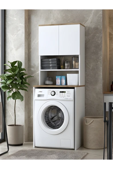 Free Home Premium MDF Mono Çamaşır Makinesi Üstü Dolap 2 Kapaklı Havluluk Ve Deterjanlık Raflı Düzenleyici ürün görseli 1