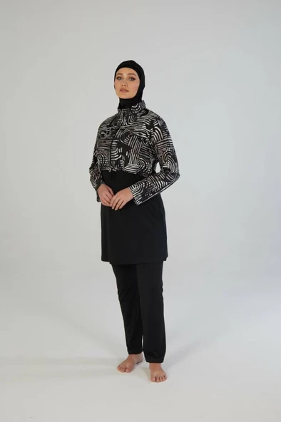 Estiva 26970 Siyah Lineer Tam Kapalı Croplu Pantolonlu Tesettür Mayo ürün görseli 1