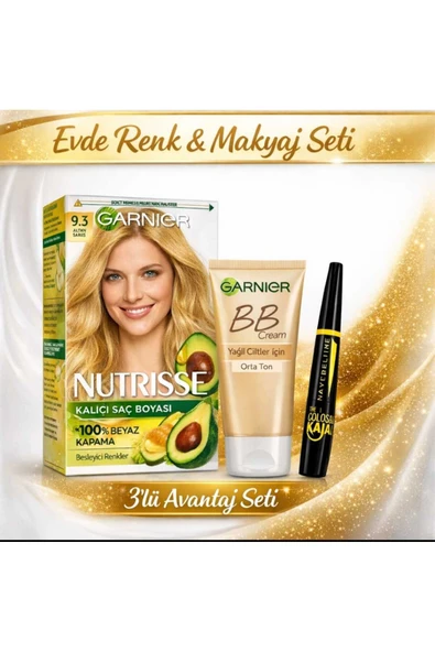 Nutrisse 9,3 Saç Boyası + BB Krem Orta + Kajal 3’lü Set | Evde Renk & Makyaj ürün görseli 1