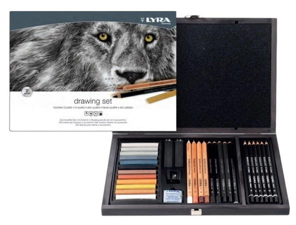 Drawing Çizim Seti Ahşap Kutuda 31 Parça Monokrom Kalemler ve Pastel Boyalar ürün görseli 1