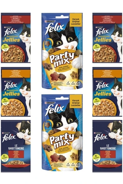 Felix Jellies 4 + Felix Yaş Mama 2 + Party Mix Orjinal Lezzetler 2 (8 Parça) ürün görseli 1