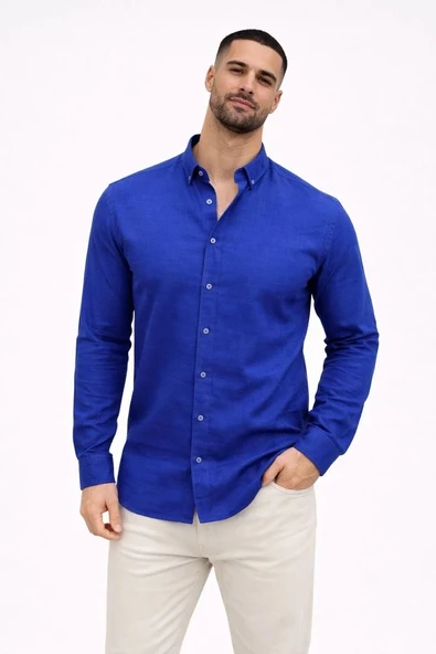 Erkek KETEN Kumaş Uzun Kollu Regular fit Gömlek - Saks Mavisi ürün görseli 1